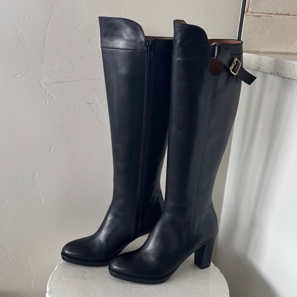 Mara Bini Black Leather Knee-High Boots Sleek Chic Block heel Platform Size EU36